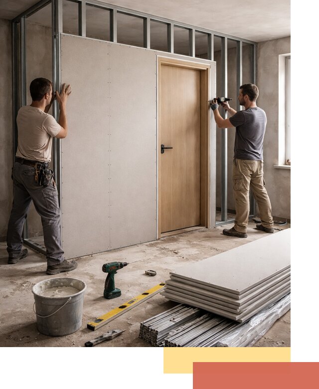 Перегородка из гипсокартона с дверью под ключ в Воткинске