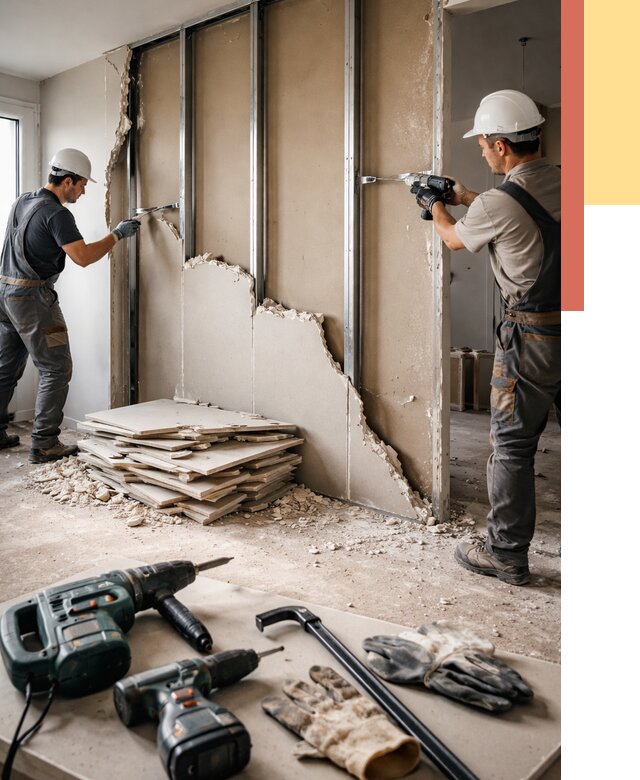 Демонтаж перегородки из гипсокартона в Воткинске от 1243 руб. быстро и недорого | ОТДЕЛОЧНИК-Втк