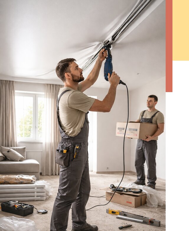 Монтаж сатинового натяжного потолка в Воткинске от 3626 руб. | Быстро, недорого — ОТДЕЛОЧНИК-Втк