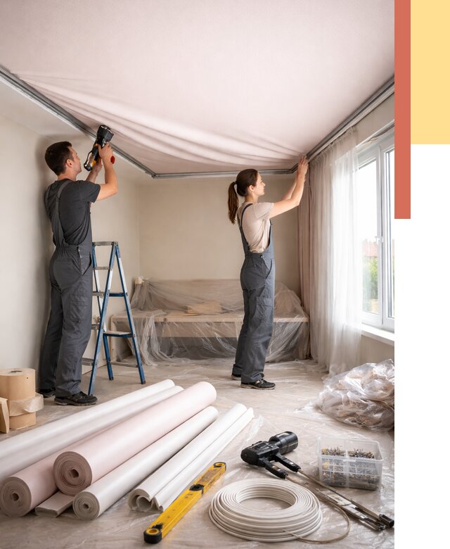 Монтаж цветного натяжного потолка в Воткинске от 4351 руб/м² — быстро и недорого | ОТДЕЛОЧНИК-Втк