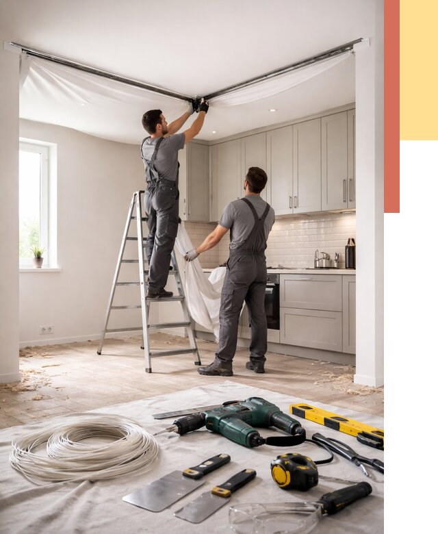 Установка натяжного потолка на кухне в Воткинске от 2486 руб. | ОТДЕЛОЧНИК-Втк