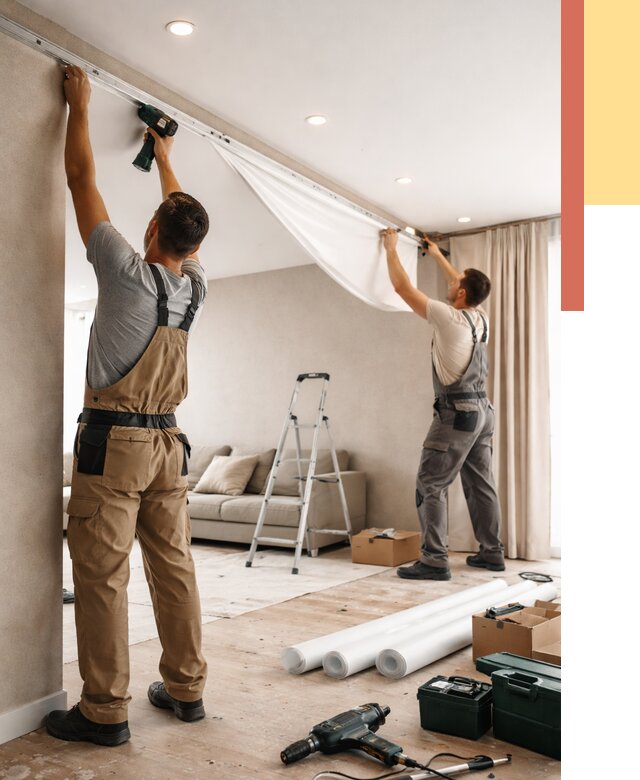 Монтаж натяжного потолка в гостиной в Воткинске от 570 руб. | ОТДЕЛОЧНИК-Втк