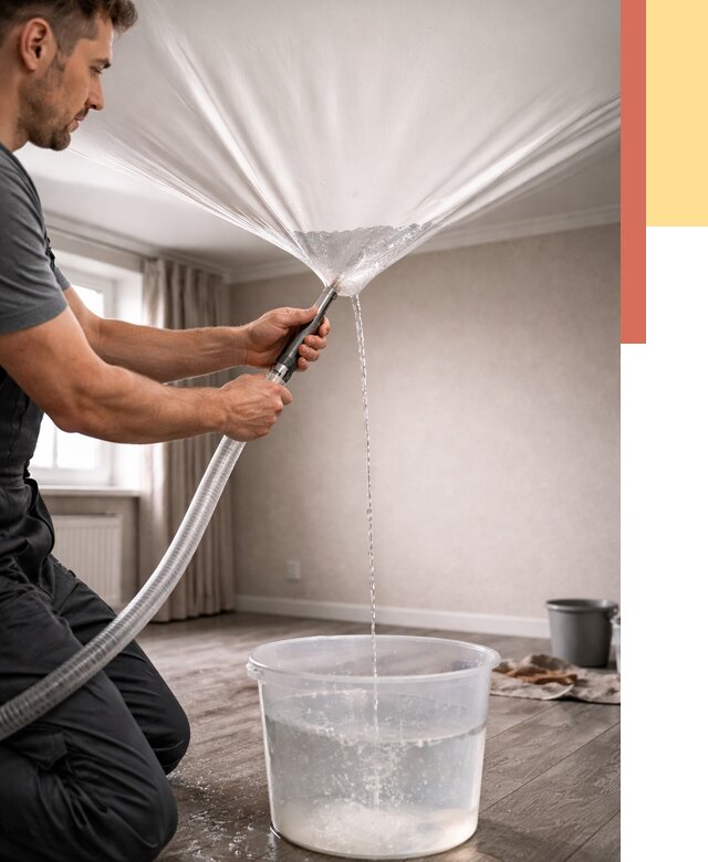 Слив воды с натяжного потолка в Воткинске от 2590 руб. быстро и недорого | ОТДЕЛОЧНИК-Втк