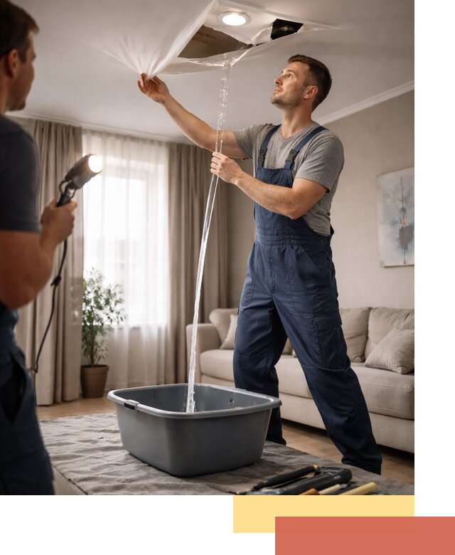 Слив воды с натяжного потолка в Воткинске быстро и аккуратно