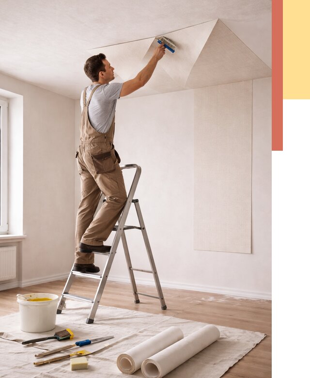 Поклейка обоев на потолок в Воткинске от 4662 руб. быстро и недорого | ОТДЕЛОЧНИК-Втк